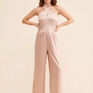Du Paradis Cross-Neck Satin Jumpsuit in Blush Pink